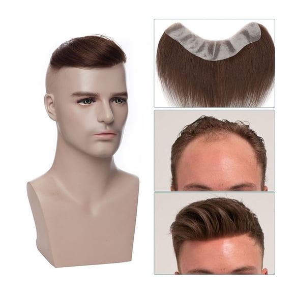 Mens Hairline Toupee 1.5x7inch V-Shape Front Toupee Real Human Hair Frontal Hairpiece Full Pu Skin Base 6" Male Hair Replacement System