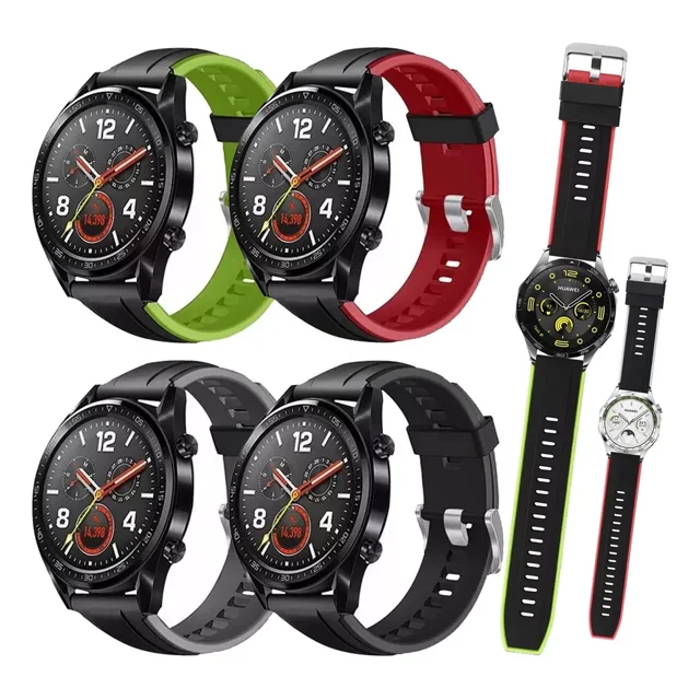 4 correas para smartwatch huawei watch gt5 gt4 3 2 pro 22mm paquete con cuatro correas de silicón en verde, rojo y dos variantes en negro; vistas frontales y laterales que muestran hebillas metálicas, presillas y orificios de ajuste, compatibles con relojes Huawei de 22 mm.