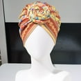 thumbnail image 4 of Skymirror Turban Cap Twisted Retro Print Stretchy Comfortable Super Soft Hide Hair Breathable Bohemia Pre-Tied Bonnet Women Beanie Hat for Daily Life, 4 of 8