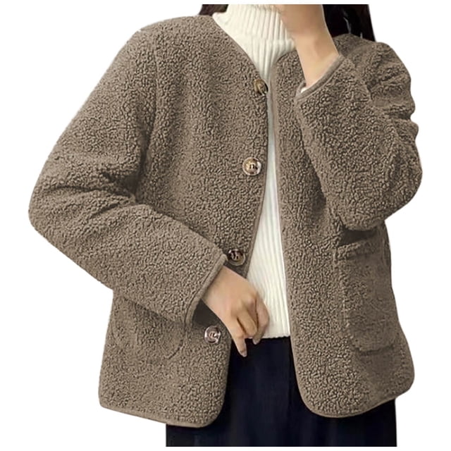 HVOBTTY Manteau de Mode à Manches Longues pour Femmes, Veste Ample à Col Rond en Laine d'Agneau Kaki, G