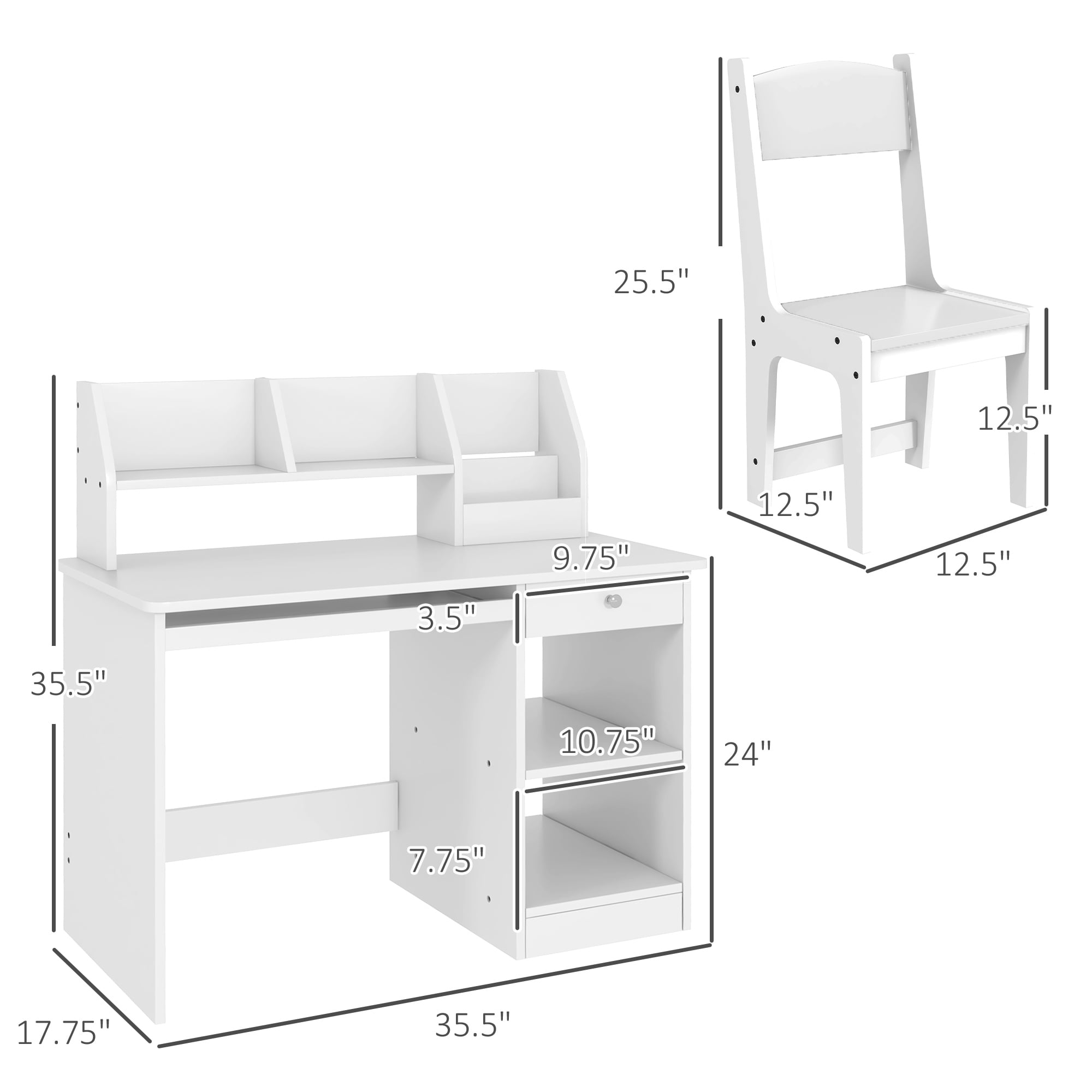 Qaba Kids Desk and Chair Set with Storage, Study Desk with Chair for Children 5-8 Years Old, White