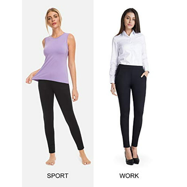 Bamans Women's Skinny Leg Work Pull on Slim Stretch Yoga Dress Pants  w/Tummy Control (Black, Large) 