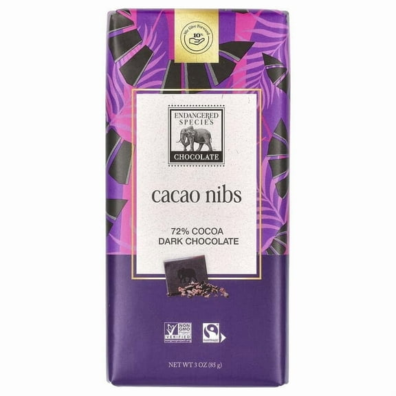 Endangered Species Chocolate, Cacao Nibs + Dark Chocolate, 72% Cocoa, 3 oz Pack of 4