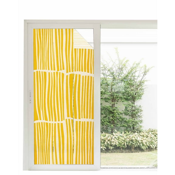 Window Privacy Film Yellow Striped Stained Glass Window Film Decorative Sun Block Window Cover Modern Geometric Abstract Retro Window Clings Static Adhesive Sticker for Bathroom 35.4"x78.7"