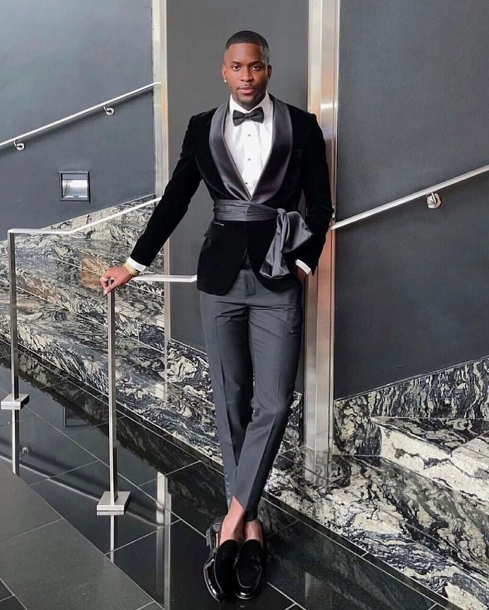 2023 Black Velvet Slim Fit Men's Suit Belted Shawl Lapel 2023 Black Velvet Slim Fit Men's Suit Belted Shawl Lapel