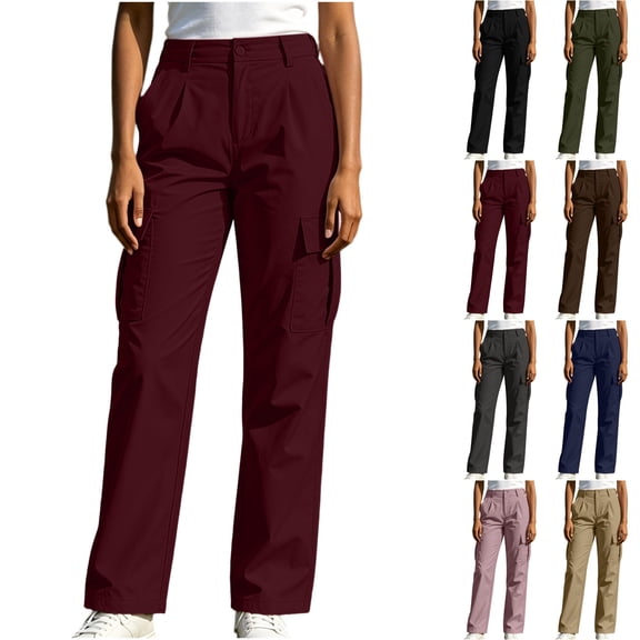 Sentuca Cargo Pants for Women with Pockets Elastic Waist Button Pants Solid Color Sports Hiking Travel Trousers Wine M
