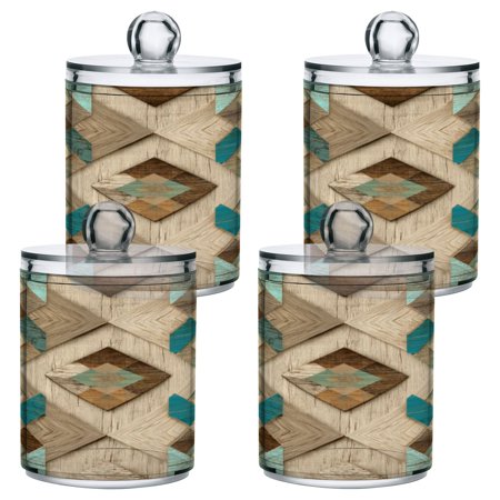4 PCS Plastic Storage Canister Clear with Lids Airtight Cotton Swabs Cans Bathroom Jar Floss Organizer Natural Abstract Shapes