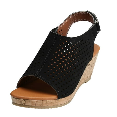 

LIANGP Women s Sandals Wedge Sandals For Women Roman Style Solid Color Hollow Hook Loop Fish Mouth Sandals Women s Shoes Black Size 6.5