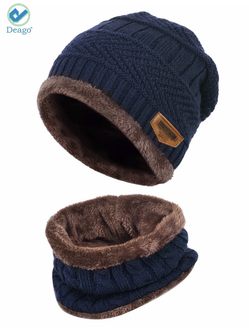 Deago 2-Pieces Winter Beanie Hat Scarf Set Warm Fleece Lined Knit