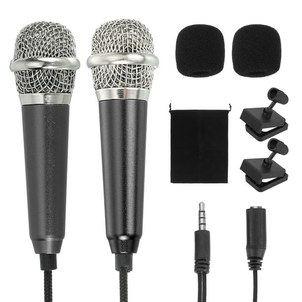 2Pcs Mini Micrófono, Micrófono Pequeño con Funda de Esponja, Soporte y Bolsa con Cuerda Portátil (Negro)