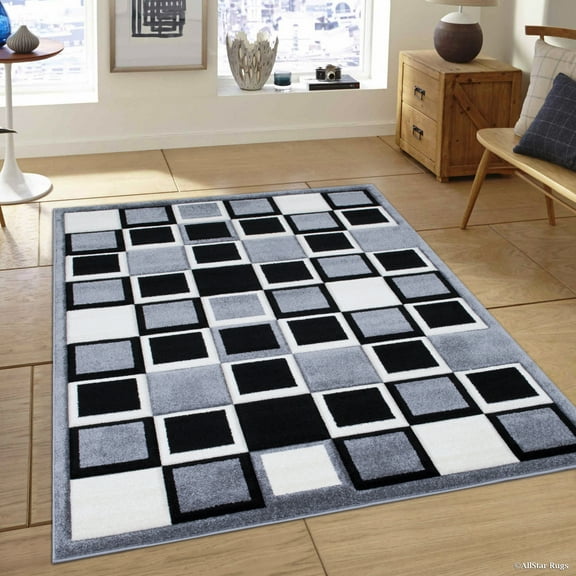 Allstar Grey Modern Geometric Black Square Formal design Area Rug (7' 9" x 10' 5")