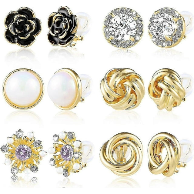 Clip On Earrings - 6 Pairs Hypoallergenic Non-pierced Clip Earrings