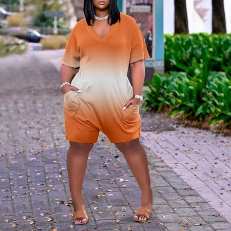 MITCOWBOYS Body Suit  Comfortable Leg Pockets Neck Short Women Sleeve Jumpsuit Wide V Summer Romper Short Women Jumpsuit  Long Sleeve Bodysuit  Shapewear Bodysuit  Orange Xl