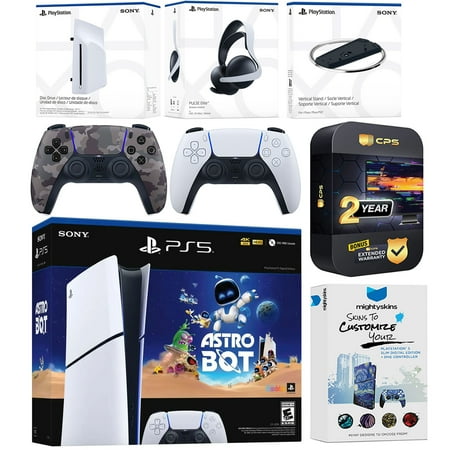 Sony PlayStation 5 Astro Bot Slim Digital Bundle with Disc Drive, Pulse Elite Headset, Extra Controller, Vertical Stand, MightySkins Voucher and 2 Year Extended Warranty - Gray Camo