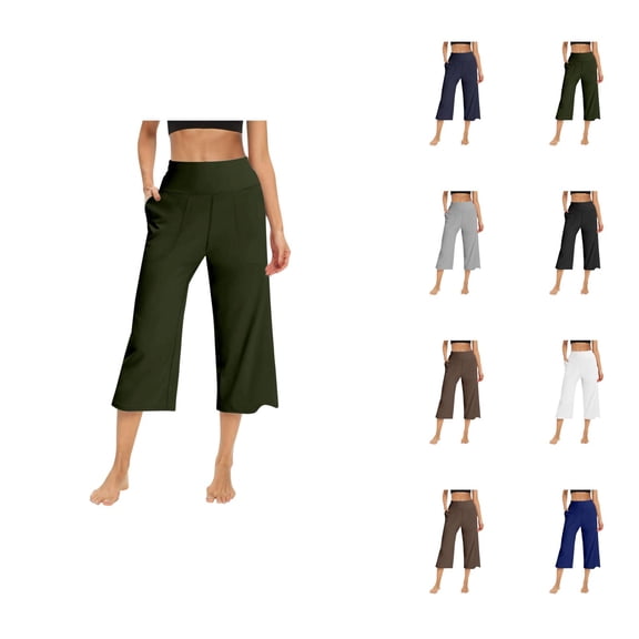Capri Pants for Women Summer Casual Elastic High Waist Wide Leg Cropped Workout Yoga Pants with Pockets