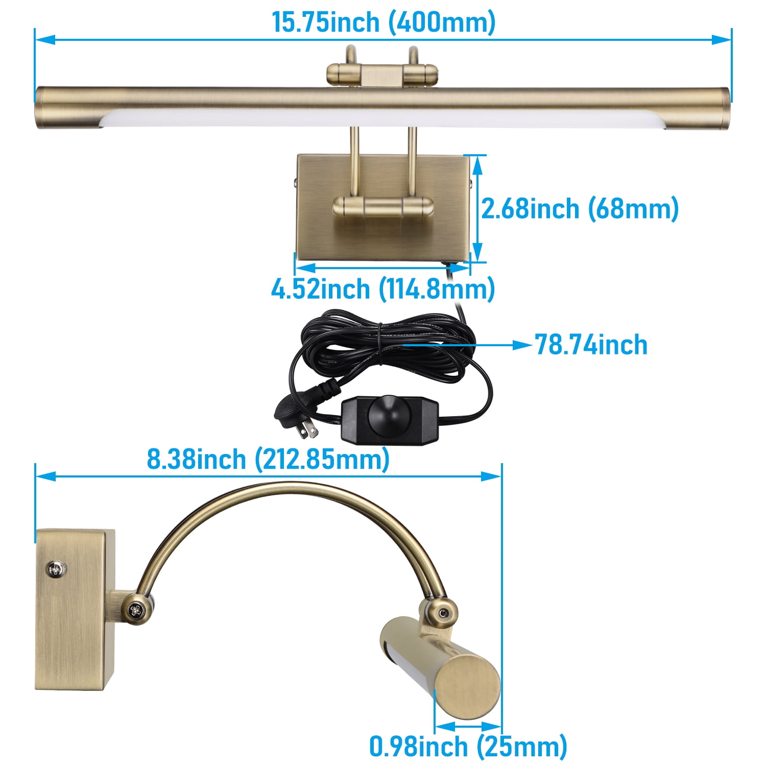 2 Pack LED Picture Lights, 15.75", Metal Dimmable Artwork Lamps, CRI90+, Plug-n-Play & Hardwire Art Lighting, Antique Brass