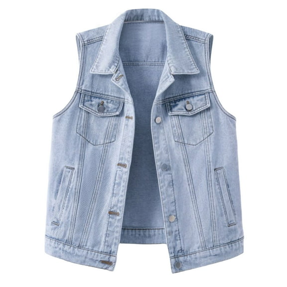 TEAJOPSUU Women's Vintage Denim Vest Oversized Button Down Jean Waistcoat Gilet Sleeveless Turndown Collar Jean Jacket Ladies Fashion Clothing C-Light Blue