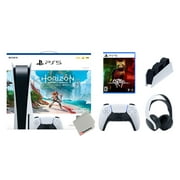 Sony Playstation 5 Disc Horizon Forbidden West Bundle with Extra Glacier White Controller, White PULSE 3D Headset, Stray and Charging Station