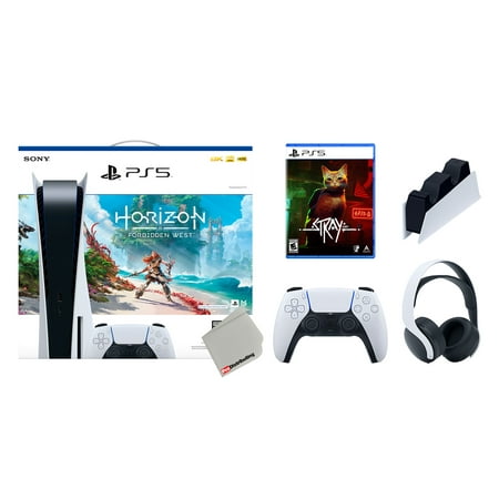 Sony Playstation 5 Disc Horizon Forbidden West Bundle with Extra Glacier White Controller, White PULSE 3D Headset, Stray and Charging Station