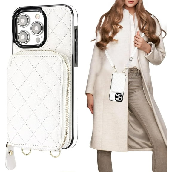 Crossbody Wallet Case for iPhone 15 Pro Max, RFID Blocking PU Leather Zipper Handbag Purse Flip Cover, Kickstand Folio Case with Card Slots Holder Wrist Strap Lanyard 5G 6.7 Inch (White)