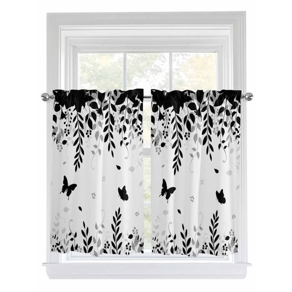 Black Spring Botanical Bathroom Window Curtain, Weeping Eucalyptus Butterfly Light Filtering Coffee Kitchen Curtains, Bedroom Living Room Curtains 2 Panel 84"x54"