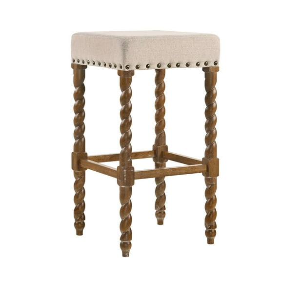 Contemporary Home Living 30" Ivory and Brown Nailhead Trimmed Bar Stool with Barley Twist Legs