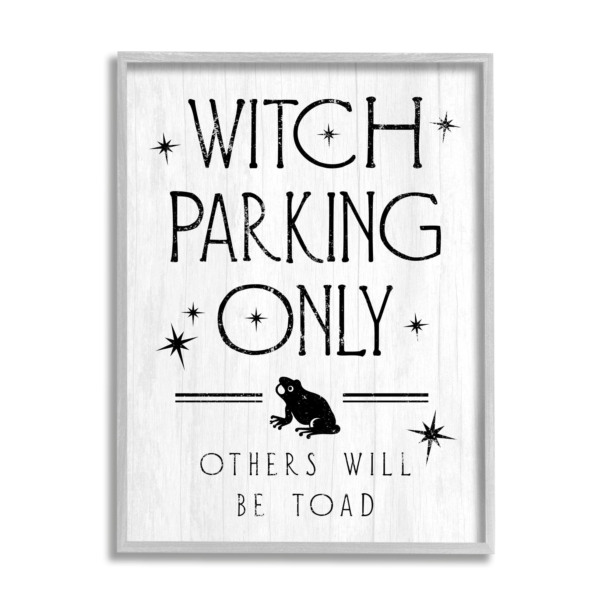 Stupell Industries Witch Parking Humorous Halloween Toad Grain Pattern Graphic Art Gray Framed Art Print Wall Art, Design by Daphne Polselli