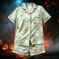thumbnail image 2 of CAIVO Kids Halloween Girls Autumn 2 Piece Pajama Sets Short Sleeve Lapel Button Down Shirts Tops With Shorts Casual Home Wear Sleepwear, 2 of 3