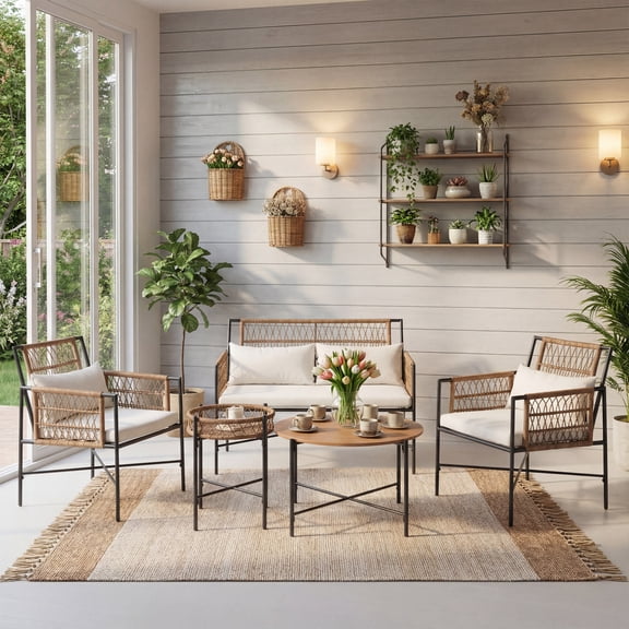 KAMEROUT 5 Pieces Outdoor Furniture Set, Patio Wicker Conversation Set with Beige Cushions for Porch, Balcony, Garden