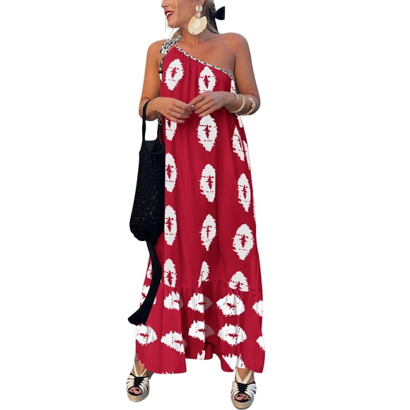 Vestido PRETTYGARDEN Maxi de un Hombro Vino Rojo con Flores Blanco Talle S