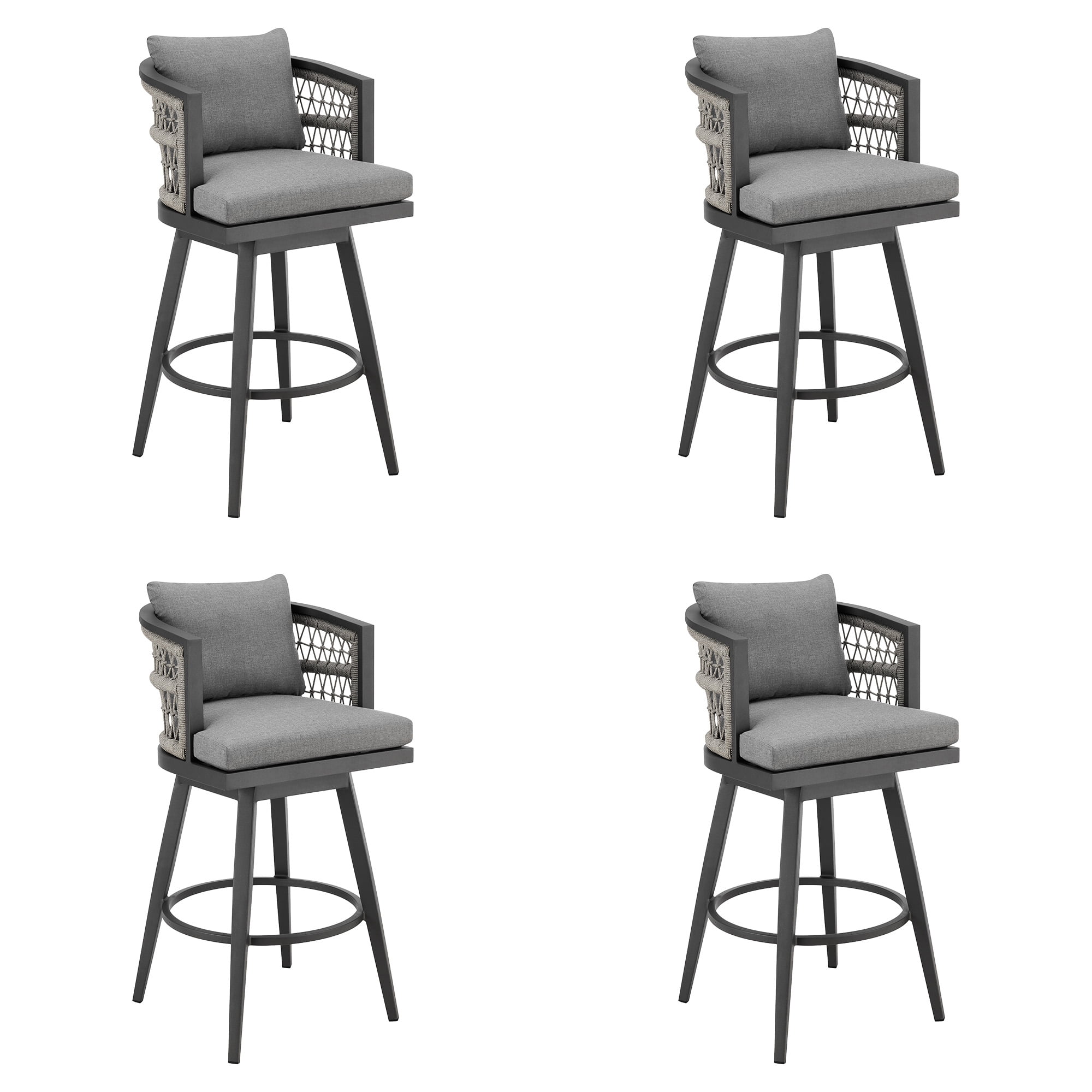 Zella Outdoor Patio Swivel Bar Stool in Aluminum with Light Gray Rope and Earl Gray Cushions - Set of 4
