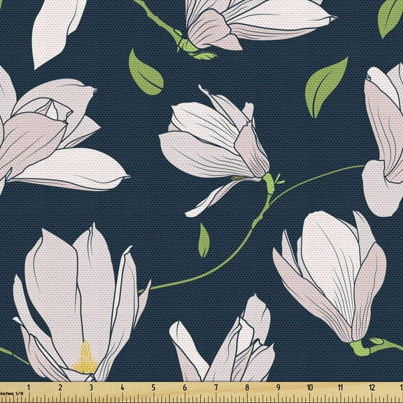 Ambesonne Magnolia Fabric by the Yard Upholstery, Japanese Sakura Flower, 1 Yard, Pale Pink Dark Blue
