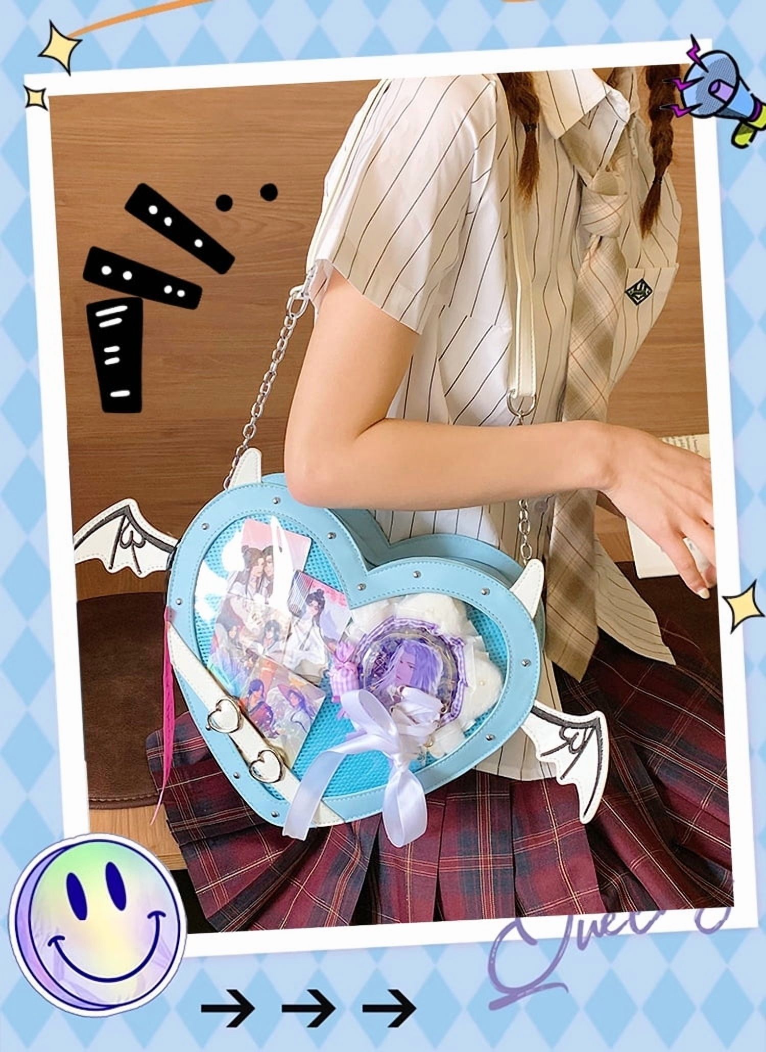 Baugery Anime Heart Ita-Bag - Kawaii Lolita Japanese JK Handbag, Cute Cutecore PU Leather Crossbody/Shoulder Purse with Adjustable Strap for Daily/Cosplay