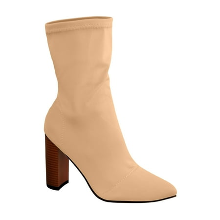 

KIJBLAE Women s Pointed Toe Block Heel Ankle Boots Stretch Sock Boots Pull On Booties Rubber Dressy Shoes Beige 43