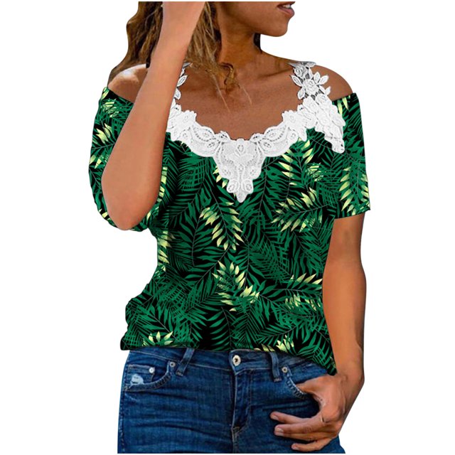 Blusa informal de manga corta con cuello en V y encaje con hombros descubiertos para mujer OAVQHLG3B Store lin121212