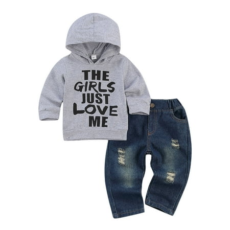 

Canis 2Pcs Toddler Baby Boy Jeans Clothes Set Long Sleeve Hoodie Sweatshirts Top + Ripped Denim Pants Fall Winter Outfits