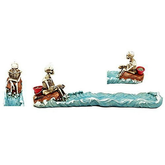 Cast Away Skeleton Stranded On Island Fishing For Fish Incense Burner Figurine
