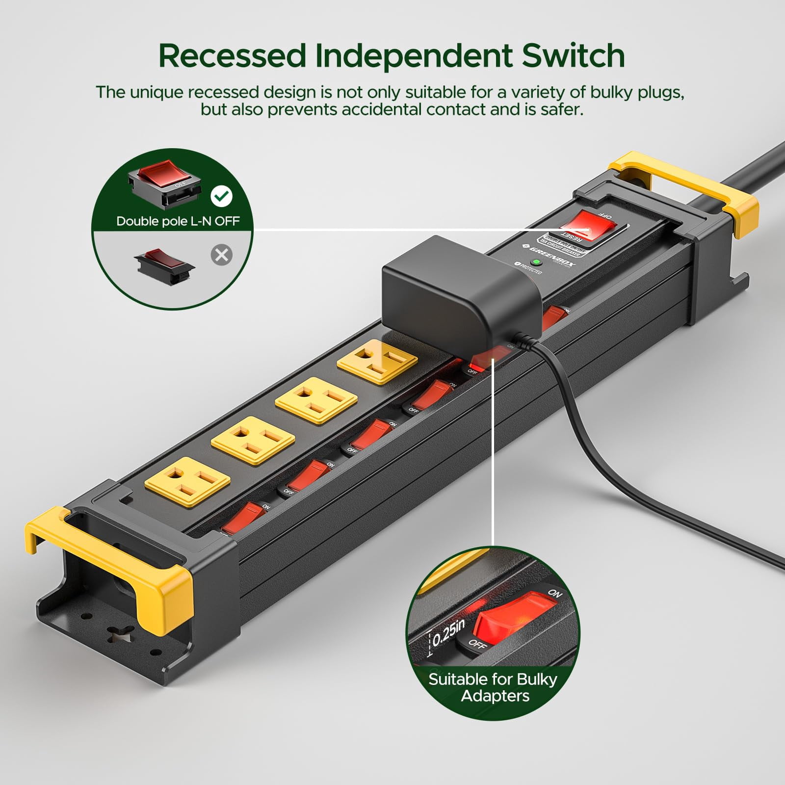 6 Outlet Heavy Duty 3300J Surge Protector Power Strip with Individual Switches, Metal Mountable Power Strip with Flat Plug, Cord Manage, Wall Mount, 6F Cord, Wide Spaced, ETL Listed