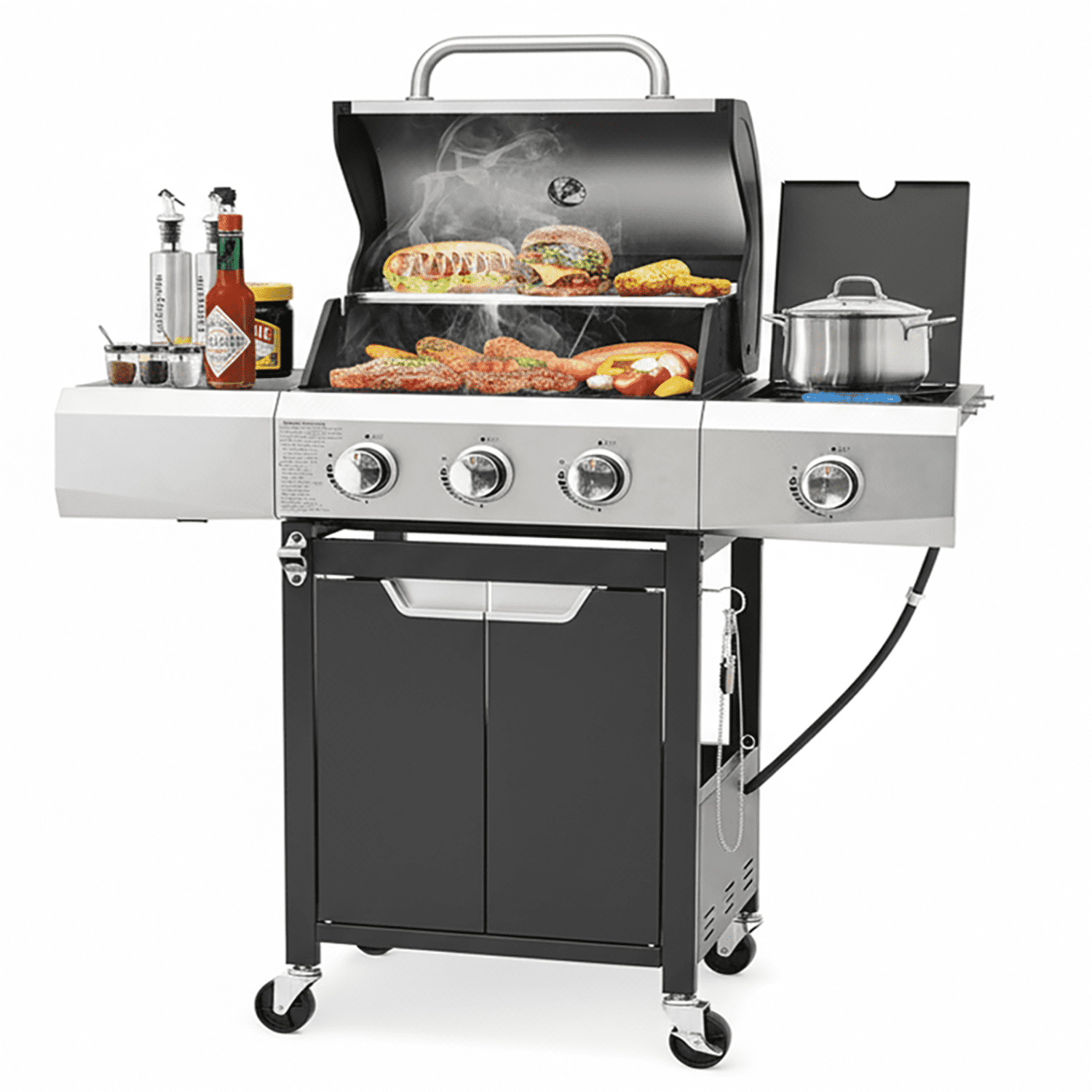 Seizeen 40,500 BTU Propane Gas Grill with Side Burner, Stainless Steel  3 Burner  Barbecue Grill Portable on Wheels, with Bottle Opener, for Camping Patio Outdoor Cooking