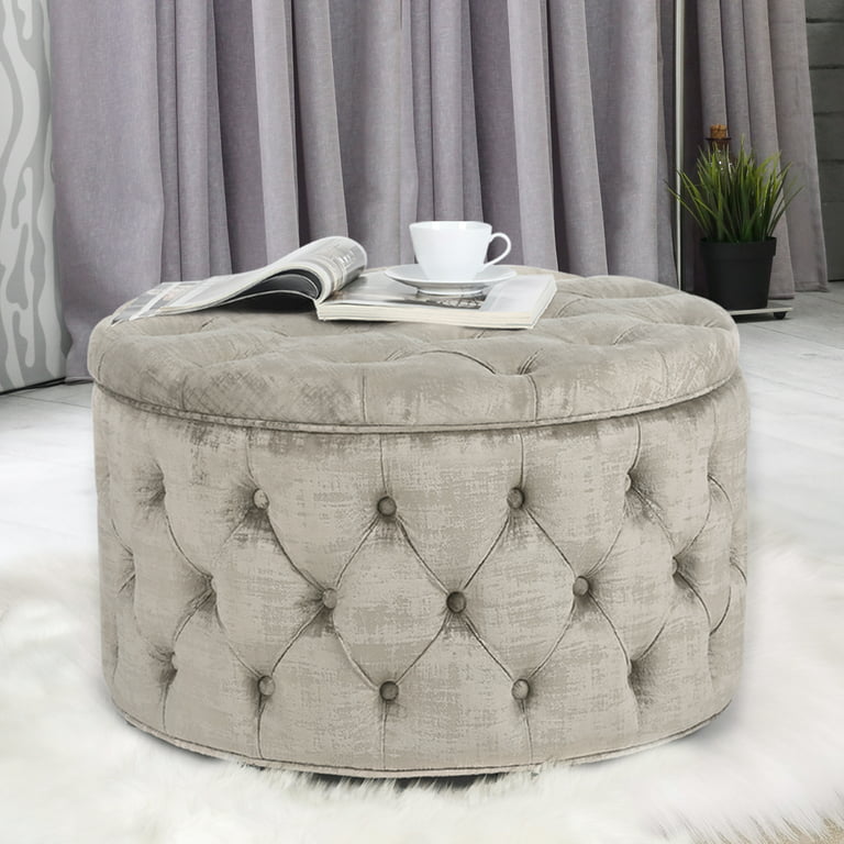 Homebeez Fabric Round Ottoman Footrest Stool Leaves 12.4 inchd x 9.8 inchh