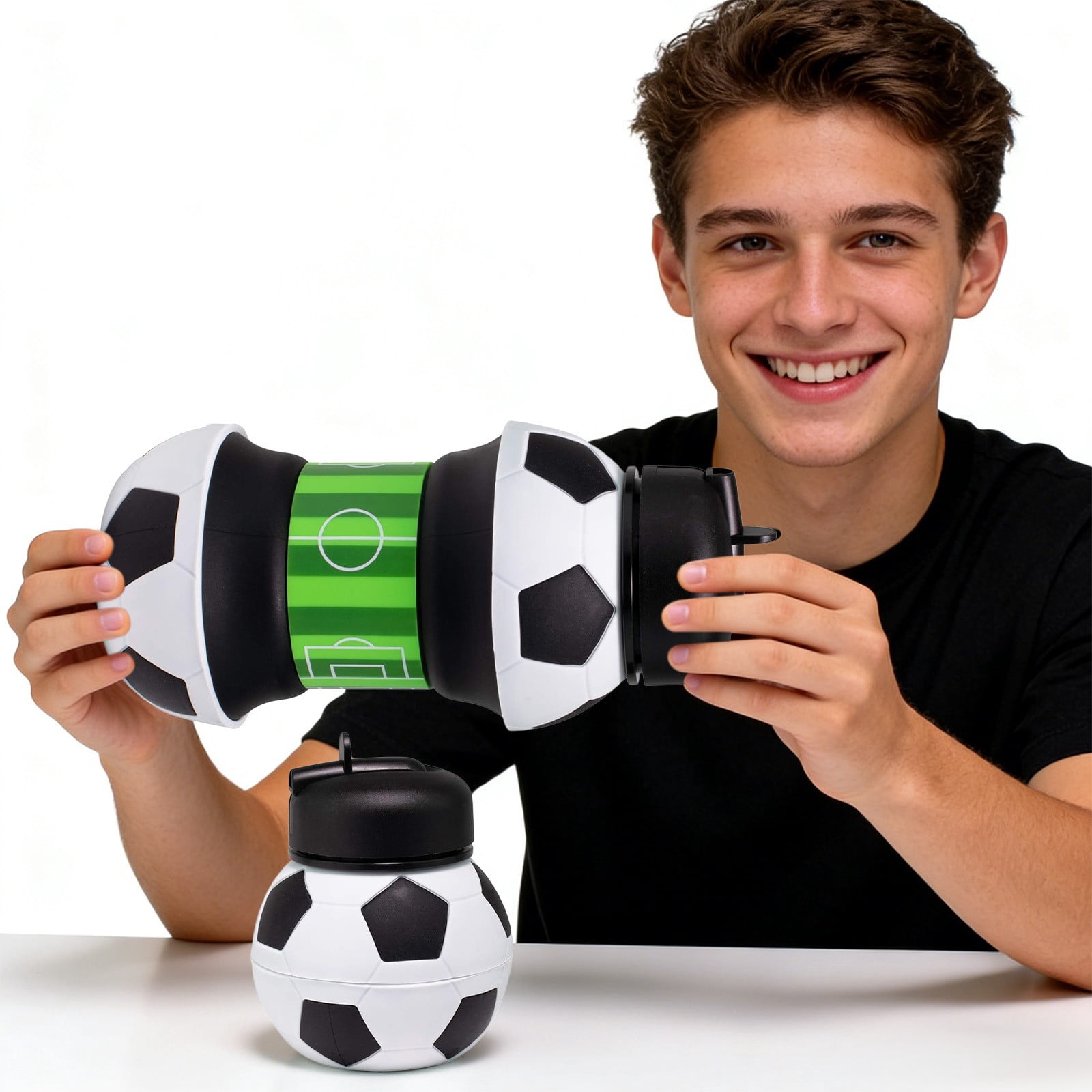 CMrtew Kids 34 OZ Sports Silicone BPA-Free Water Bottle, Collapsible Football Shape Foldable and Leak Proof Water Bottle for School Kids,Travel,Hiking,Riding and for Movements