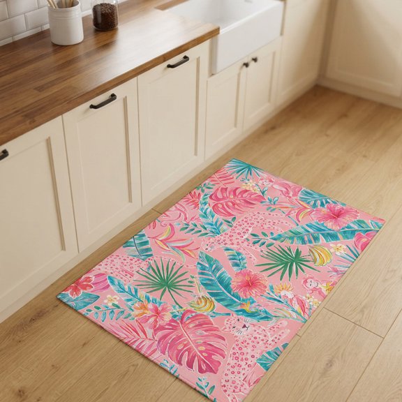 2x3ft Rectangle Rug,Summer Farm Leaves Pink Washable Area Rugs Non-Slip Accent Rug Tropical Monstera Fronds Soft Circle Carpet for Living Room Bedroom Home Office Decor