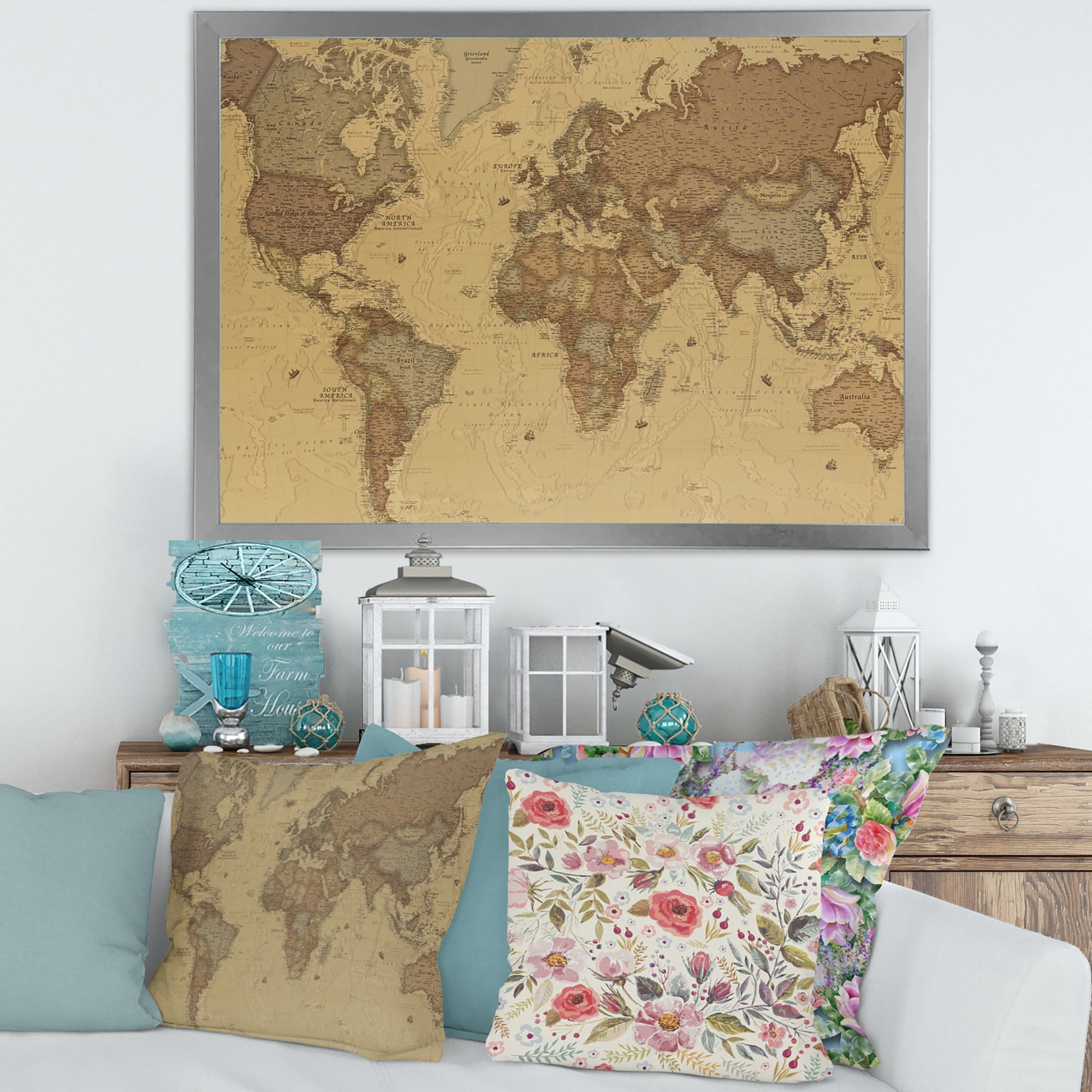 Designart 'Ancient World Map III' Vintage Framed Art Print