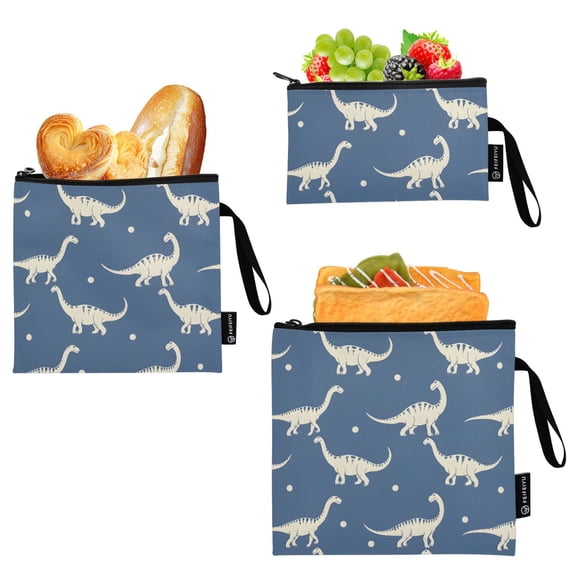 Ryvnso 3 Pack Reusable Snack Bags Sandwich Storage Pouches Washable Lunch Bag Dinosaur Silhouettes Blue