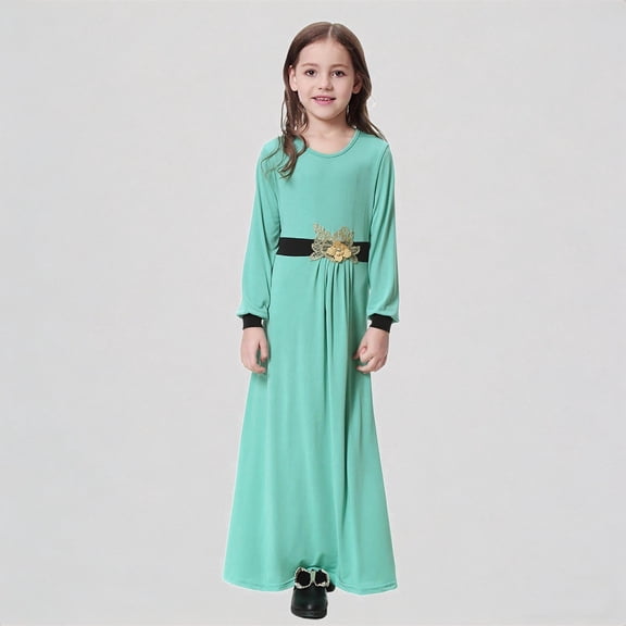 REDARER Girls Abaya Dress with Contrast Trim & Embellished Belt Black Long Robe Arabic Style Casual Dress for Kids,9-10 Years