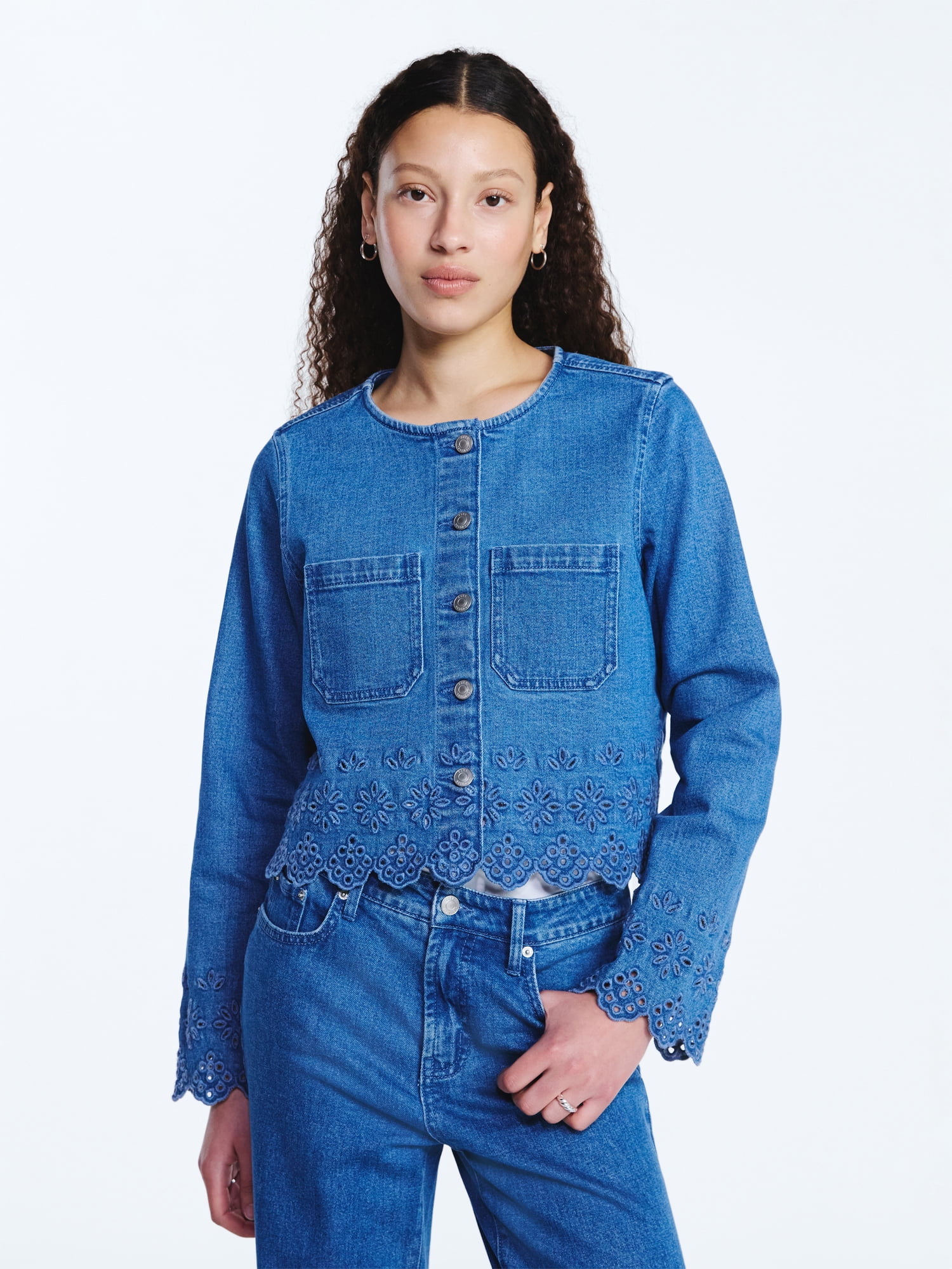 Free Assembly Women's and Women's Plus Embroidered Eyelet Denim Jacket, Sizes XS-4X