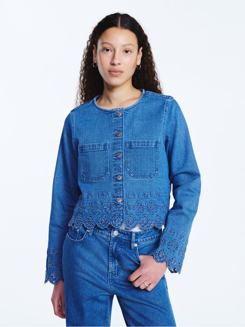 Free Assembly Women's and Women's Plus Embroidered Eyelet Denim