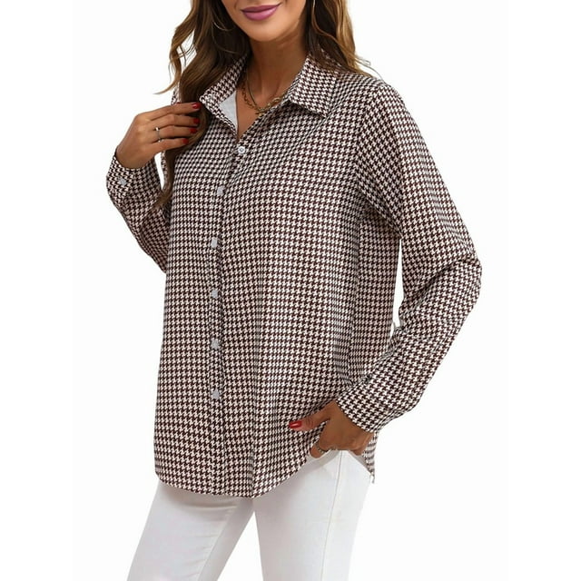 Camisas de Mujer con Botones, Casuales, de Larga, A Cuadros, con Estampados, Blusas Holgadas con Cuello A . Color Café L