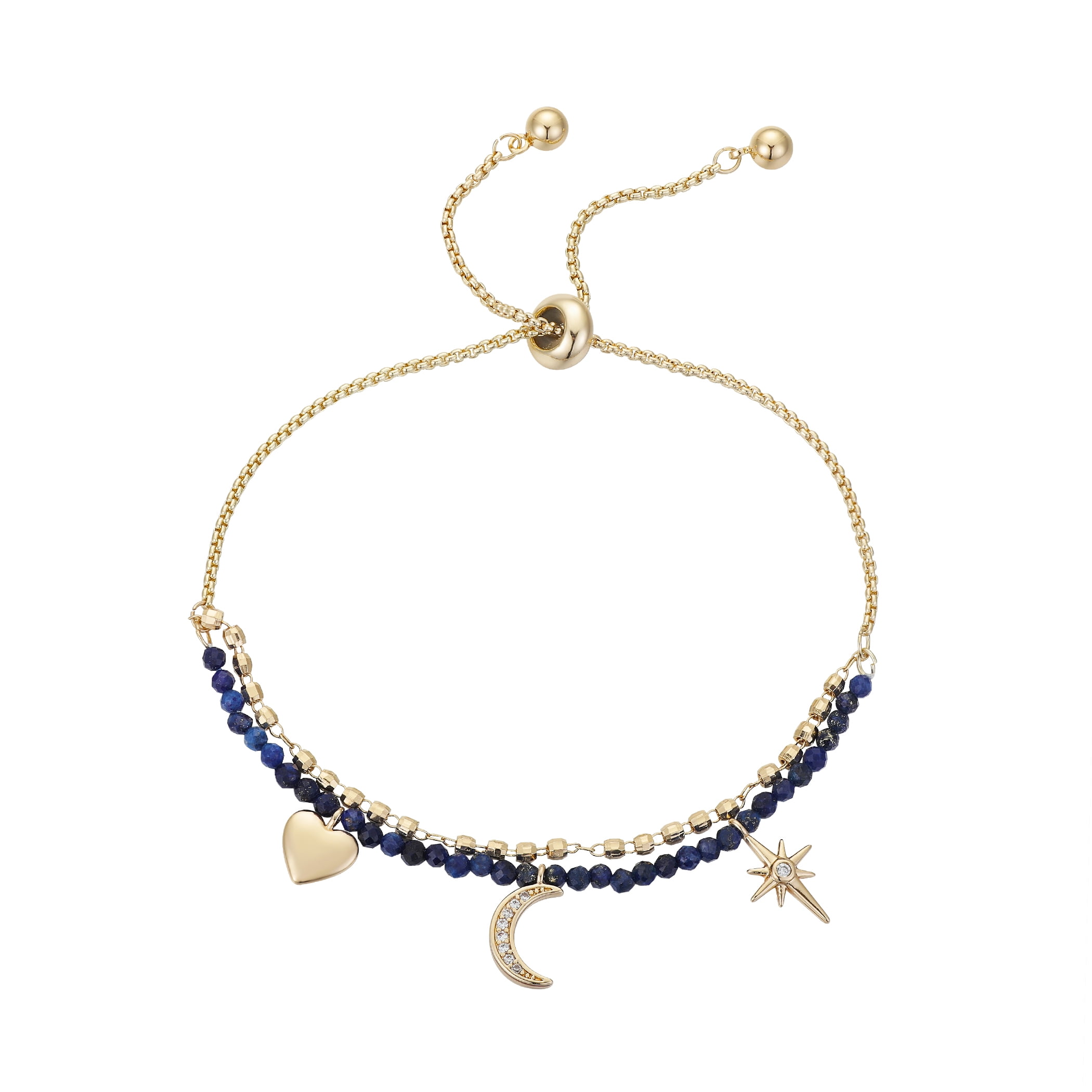 14K Gold Flash Plated Cubic Zirconia Moon, Star, and Heart Charms on a Lapis Double Strand Bolo Bracelet