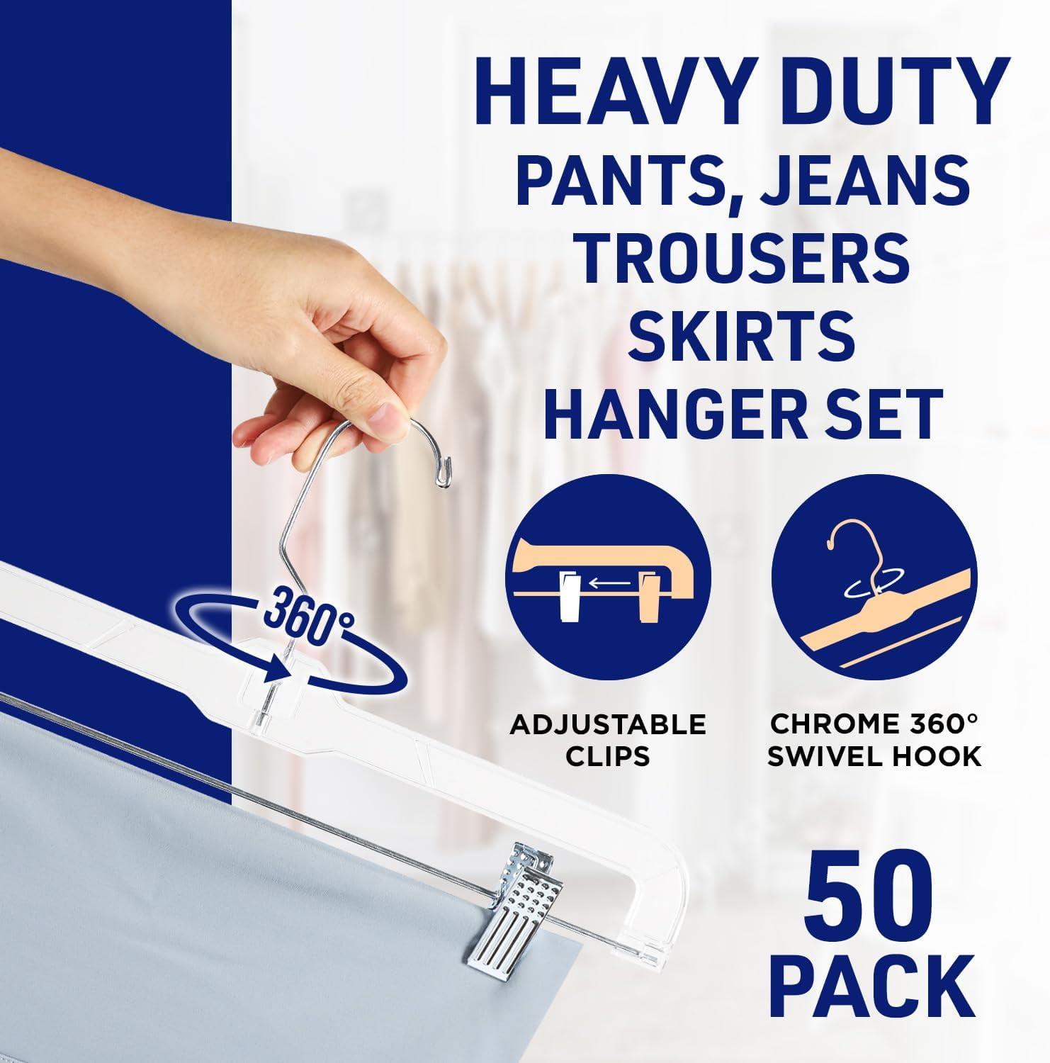 Lifemaster Clear Plastic Hangers - 50 Pieces 14 Inches Anti-Slip Space-Saving, Closet Organization Solution - Pants, Trousers, Skirts, Jeans Hangers with 360° Swivel Hook and Adjustable Clips - Clear